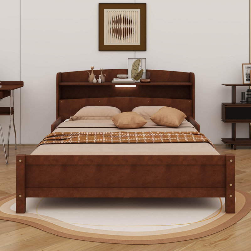 Platform Bed Featuring Bookcase Headboard And LED Motion-Sensing Light, Walnut, Full