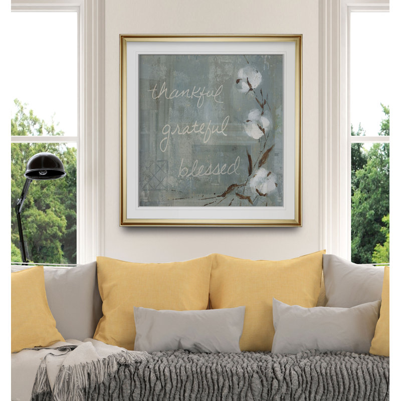 " Cotton Thankful ", 27" H x 27" W x 1.5" D, Gold Framed
