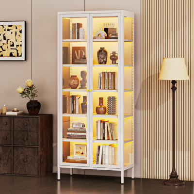 3-Sided Glass Dining Cabinet With Lights, Metal Display Stand
