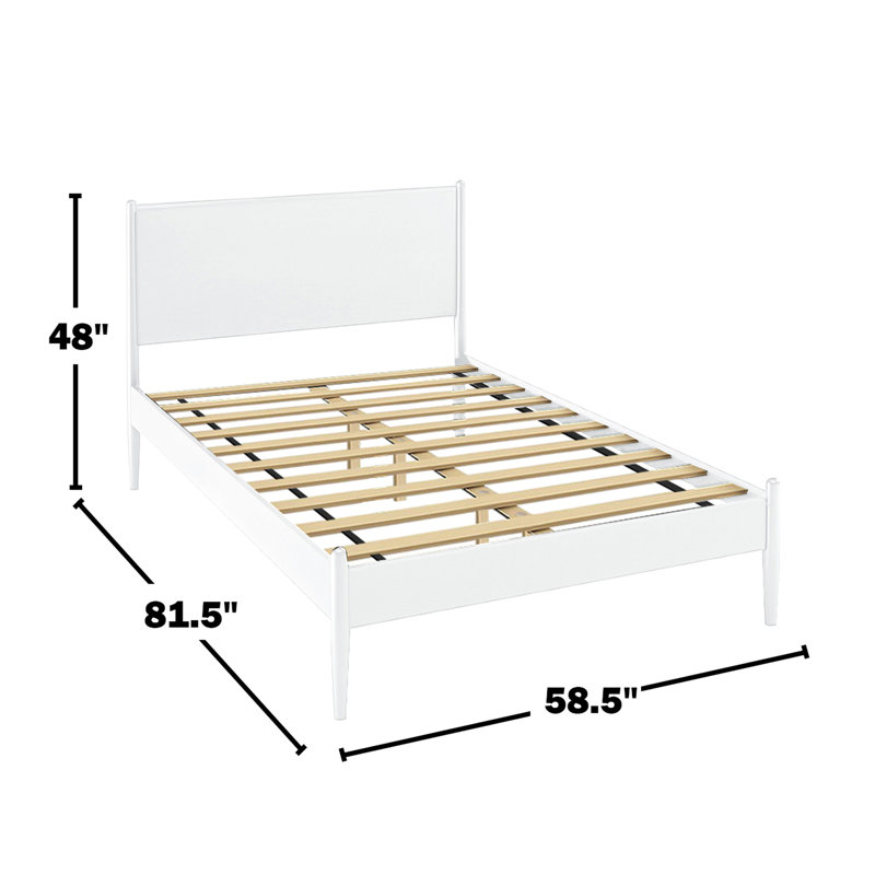 Lit plateforme blanc Mid-Century pleine grandeur, artisanat en bois, pieds fuselés ronds, ensemble de lattes, aucun sommier nécessaire pour les boiseries de la chambre à coucher,