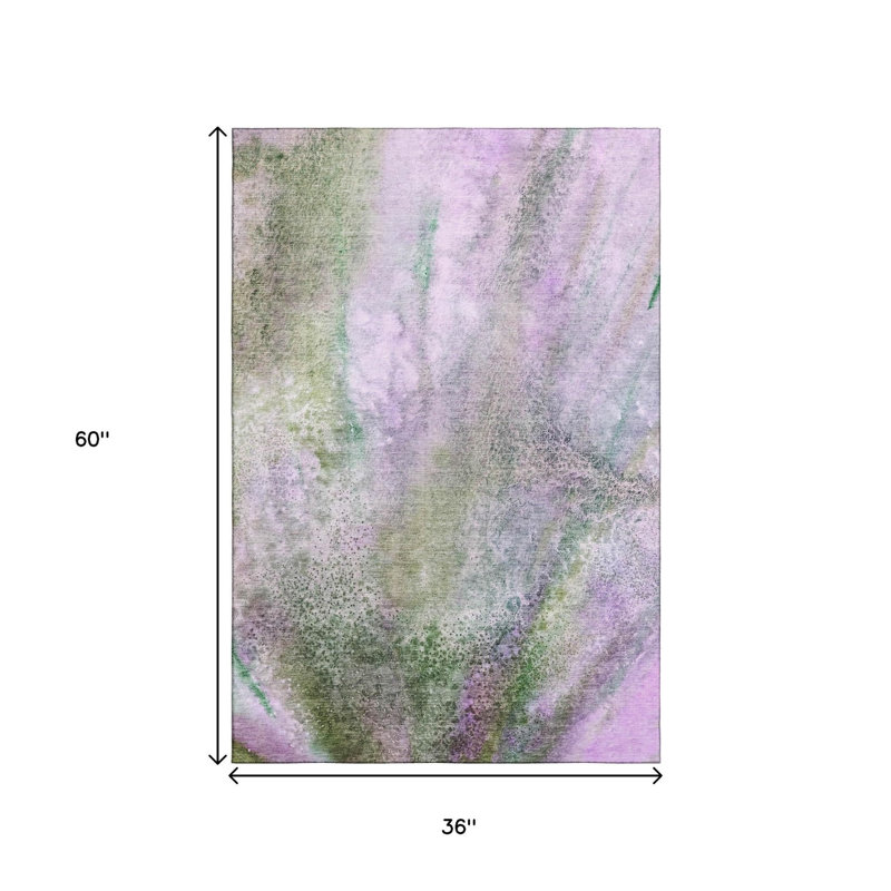 3' X 5' Purple And Green Abstract Washable Area Rug With UV Protection