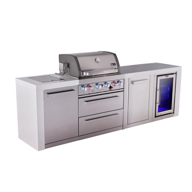Mont Alpi Mai400-dfc-exc 4-burner 78000 Btu Deluxe Stainless Steel Island Outdoor Kitchen Bbq Gas Grill + Fridge Cabinet + White Granite Countertops + + Grill Cover + 25" Right Extra Storage Cabinet
