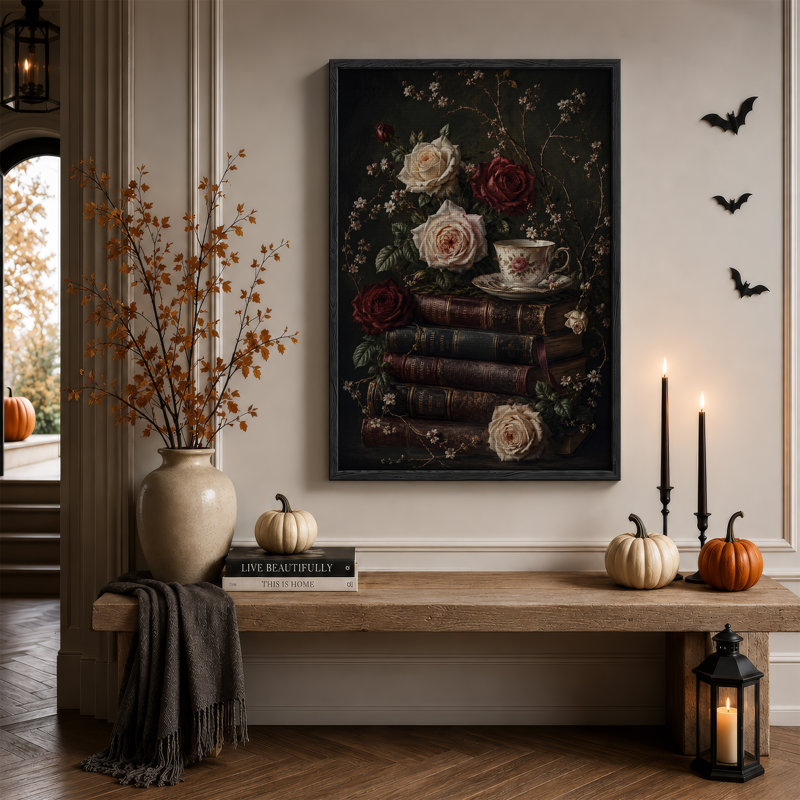 Pile de livres en cuir avec roses rouges et crème, art mural d'Halloween, 48"H x 32"W
