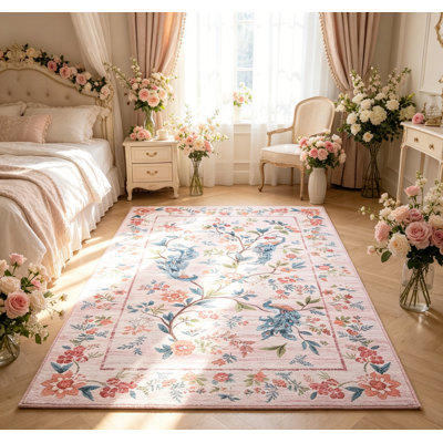 Tapis floral lavable pour salon Tapis antidérapant à motif floral paon pour chambre à coucher Tapis résistant aux taches pour salle à manger