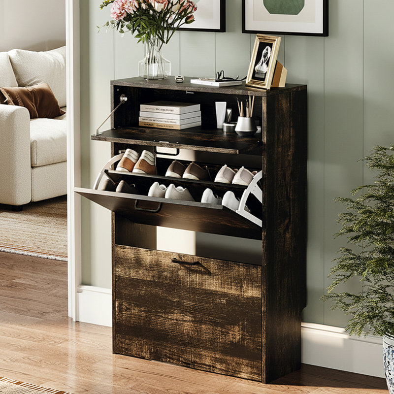 Hidden Shoe Cabinet With 3 Flip Drop-Down Door White & Oak, Black Oak