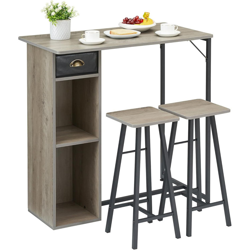 3 Piece Bar Table Set, with 2-Layer Storage Shelf, Gray