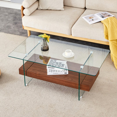 43.3-Inch Sturdy Double-Layer Coffee Table - Tempered Glass Tabletop And Legs, With A Load-Bearing Capacity Of 250 Pounds, Walnut Veneer Combined With Tempered Glass - Is A Modern And Durable Coffee T