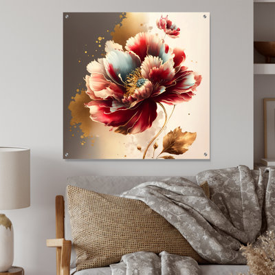 «Bold Red Floral Design II», art mural acrylique en verre sur verre