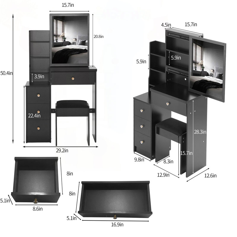 Ensemble de coiffeuse de chevet compact avec très grand miroir coulissant et rangement, Noir