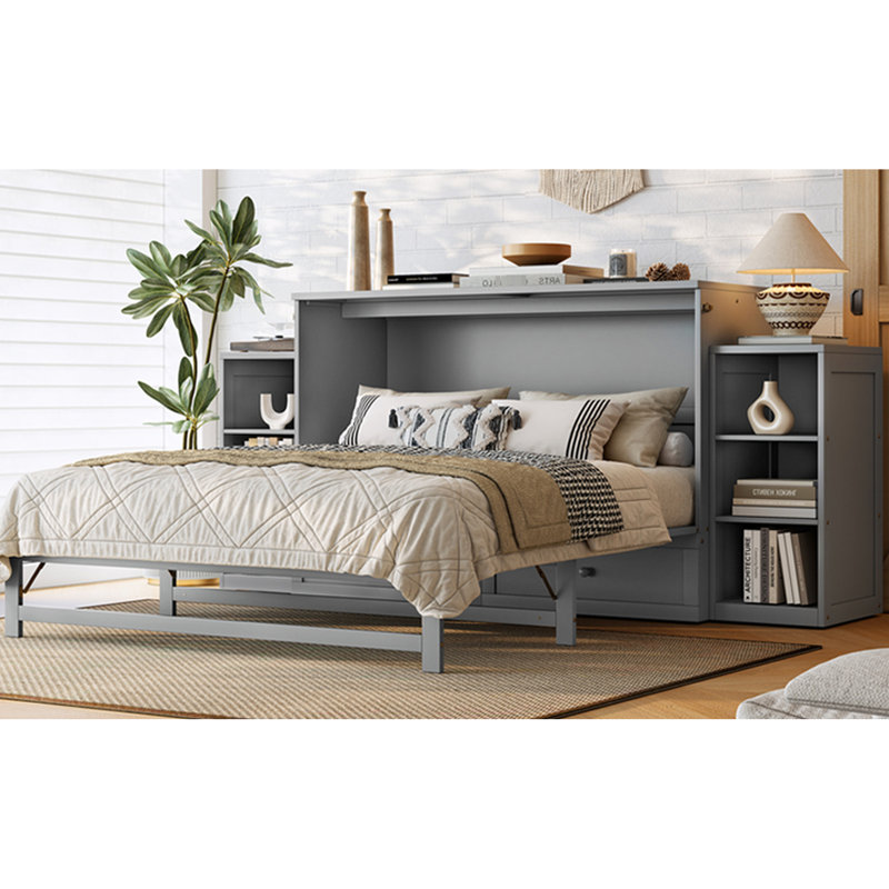 Grand lit gris, facile à assembler et à construire pour les bureaux à domicile avec tiroirs de rangement, conception minimaliste et espace efficace