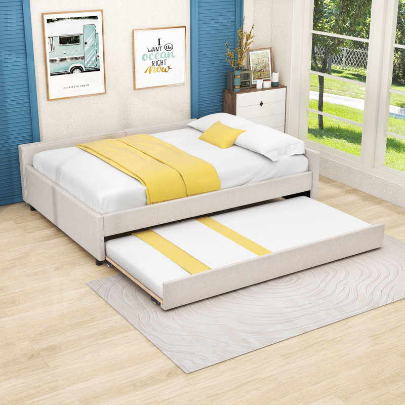 Linen Upholstered Daybed with Built-in USB Ports and Twin Trundle, Queen