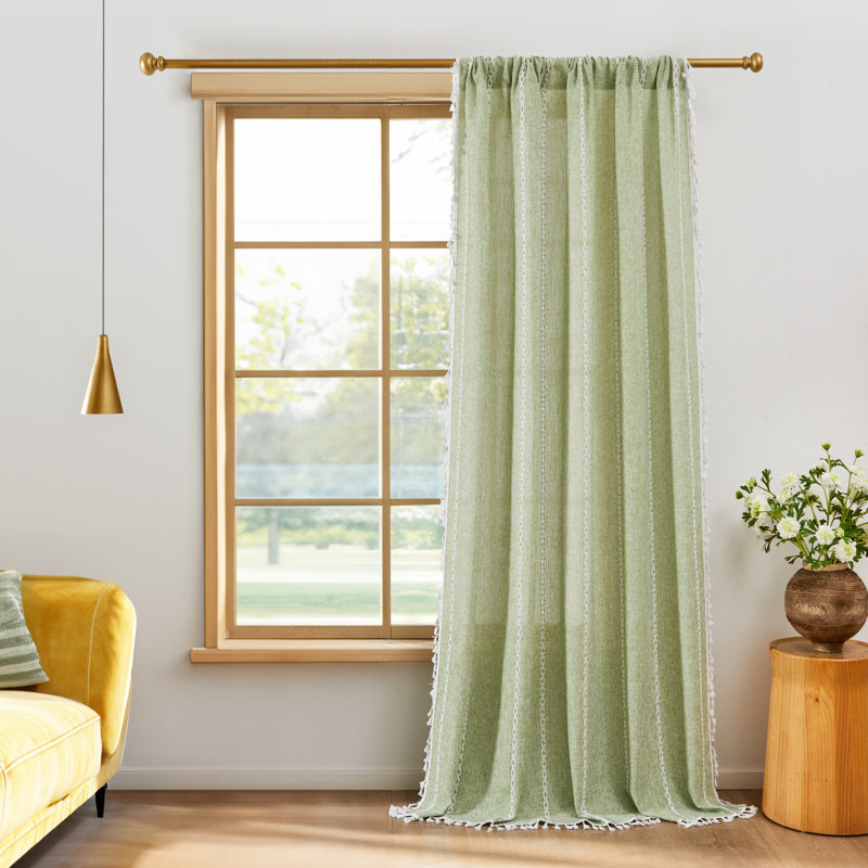 Semi Sheer Rod Pocket Curtain Panel with Tassel Fringe – Faux Linen Textured, Light Filtering, 1 Panel, 52" W x 84" L, Blue