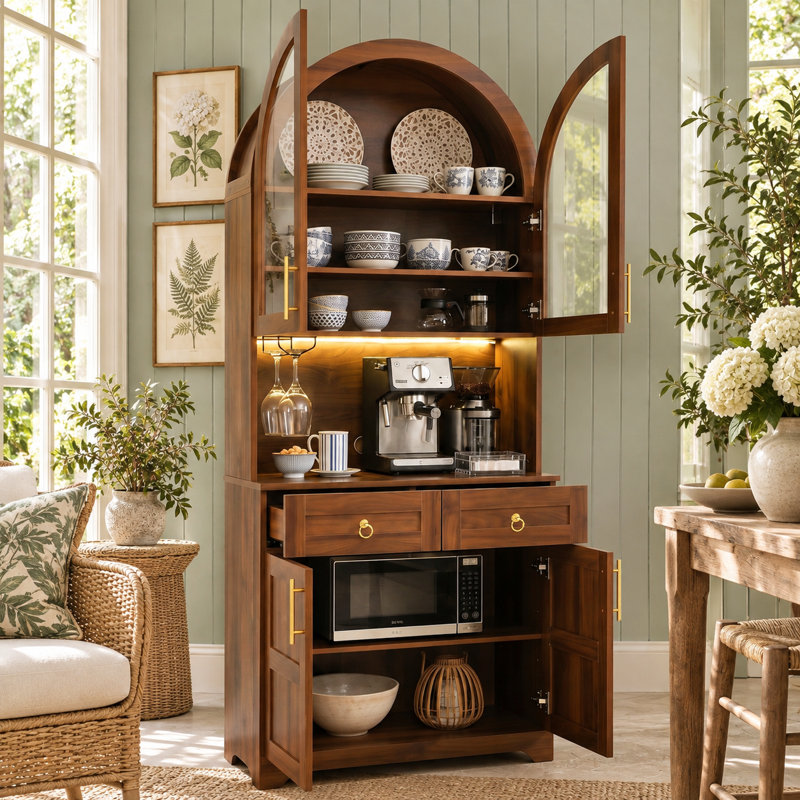 Armoire de cuisine cintrée avec portes vitrées, éclairage DEL, station de recharge et tablettes réglables., Black