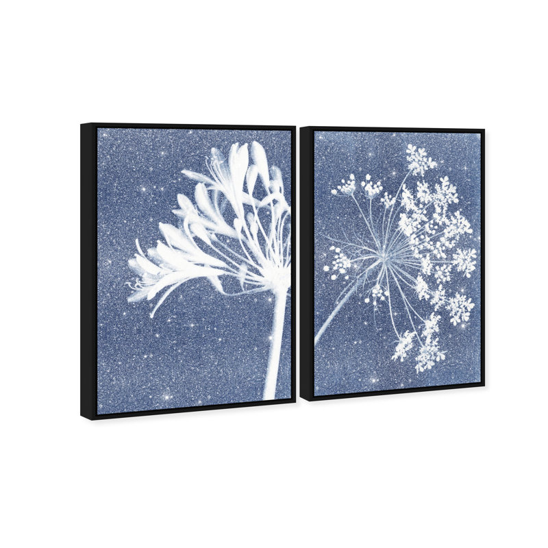 Cyan Flowers Set Set by Oliver Gal, 25"H x 37"W, Black Floater Frame