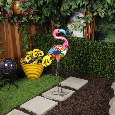 31"H Metal Colorful Art Décor Palm Leaf Flamingo Statue