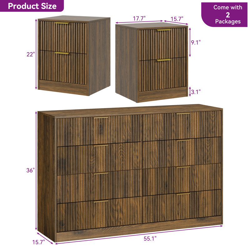3-Piece 8-Drawer Dresser & 2-Drawer Nightstand Set, Walnut