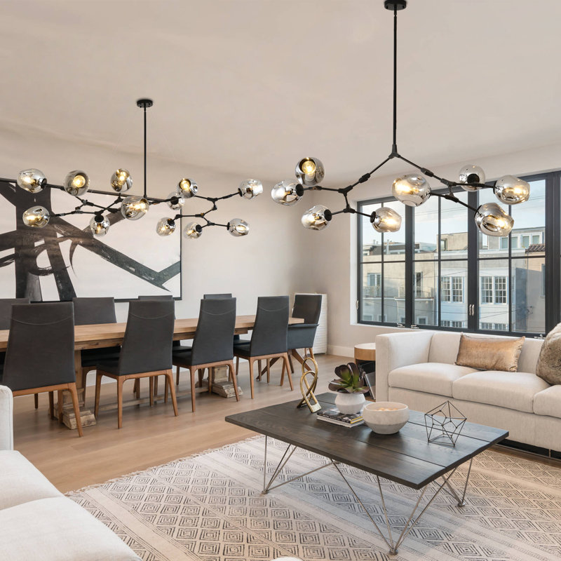8 Lights Sputnik Chandelier For Dining Room Black Modern Pendant Light Fixture With Black Clear Glass Shade Large Mid Century Chandeliers For Kitchen Island Living Room Foyer