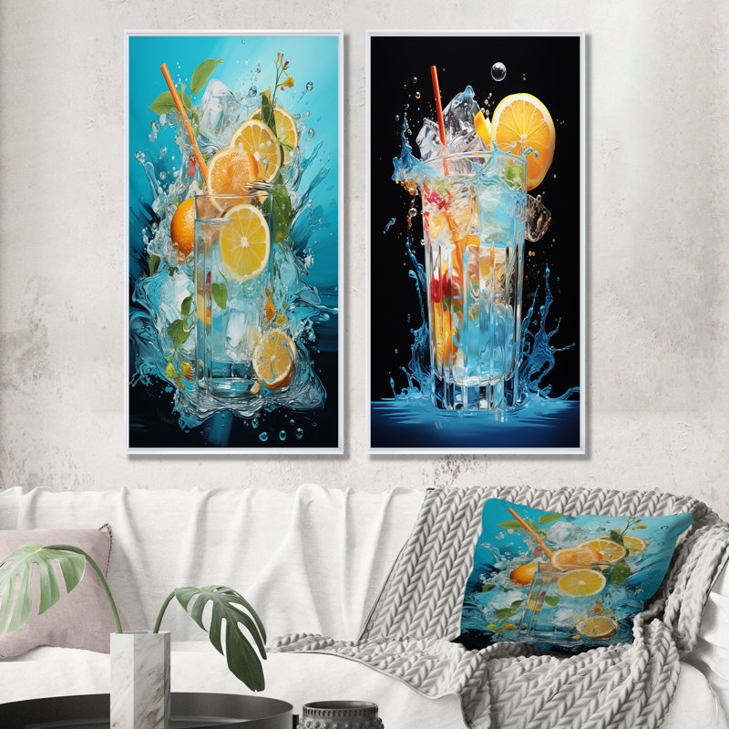 Tom Collins, ensemble de 2 impressions sur toile en forme de cascade d'agrumes, Cadre blanc, H 28 po x l 25 po