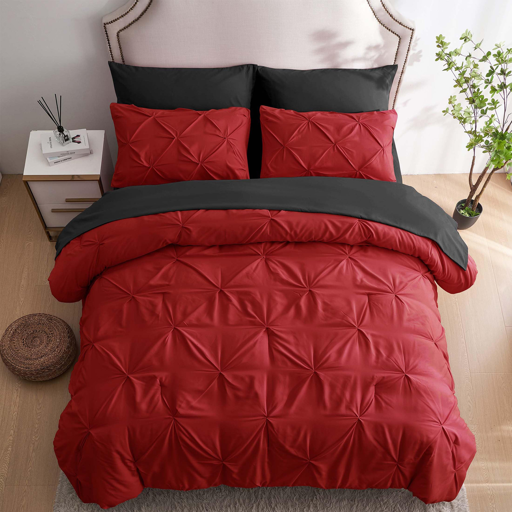 KIBNOF 7pc Full Size Comforter Set with Sheets, Red and Black Pintuck 7