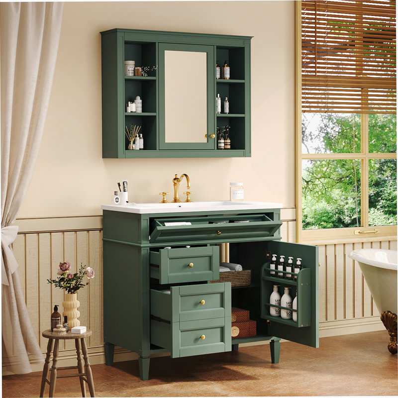 Meuble-lavabo 36 po avec armoire à pharmacie, armoire de rangement moderne avec 2 portes à fermeture douce et 4 tiroirs, meuble-lavabo simple