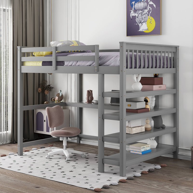 Lit mezzanine en bois massif avec tablettes Gerlean par Harriet Bee, Gris, Double