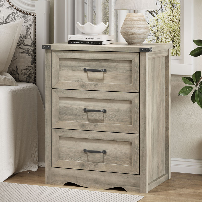 Table de chevet à 3 tiroirs de 23,6 po de largeur, table de chevet avec poignées en tasses pour la chambre à coucher, Gris