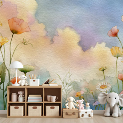 Papier peint adhésif peler et coller Dreamy Misty Grasslands, pastel doux, aquarelle, teintes murales, campagne, H 69 po x l 96 po, papier peint amovible en PVC, adhésif mural pour chambre à coucher, bureau à domicile
