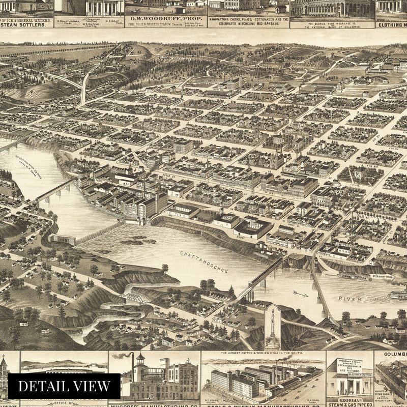 1886 Columbus Georgia, carte sur papier, H 24 po x l 36 po