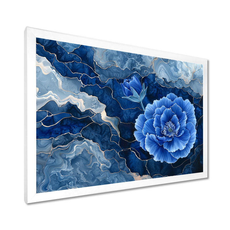 Danse, symphonie bleue d'œillets II - œillets, salon d'art mural, 34" H x 44" W, Picture Framed Print, Blanc