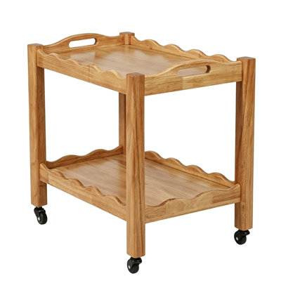 Solid Rubber Wood 2-Tier Rolling Side Table with Lockable Wheels and Removable Tray, Mobile Bar Cart End Table for Living Room Bedroom