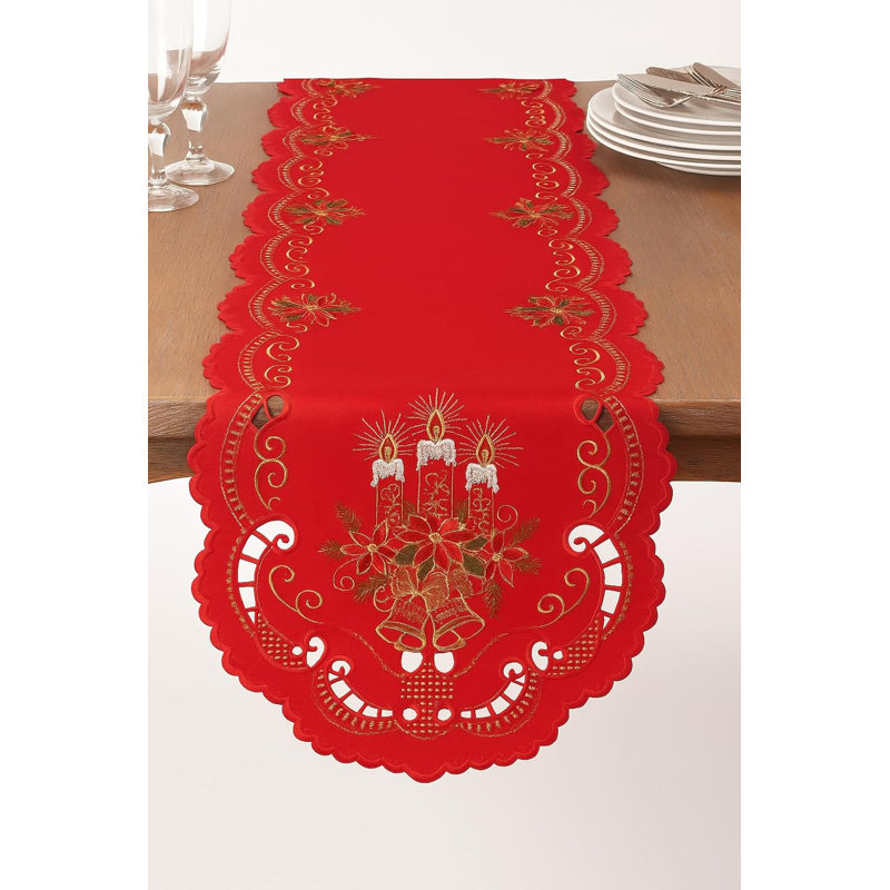 Red Embroidered And Cutwork Fête De Noël Holiday Décor Table Runner 16" W X 72" L