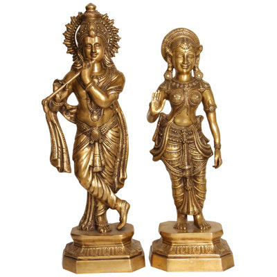 Ensemble de sculpture en laiton 24 po Radha-Krishna - Statues divines indiennes fabriquées à la main pour le temple, le salon et le décor spirituel romantique