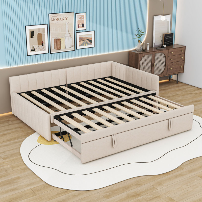 Upholstered Full Wood Daybed with Twin Pop-Up Trundle, Beige