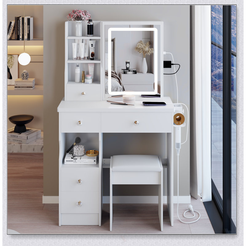 Table de coiffeuse compacte avec miroir à DEL, centrale électrique et support pour sèche-cheveux pour les petites chambres et les espaces limités