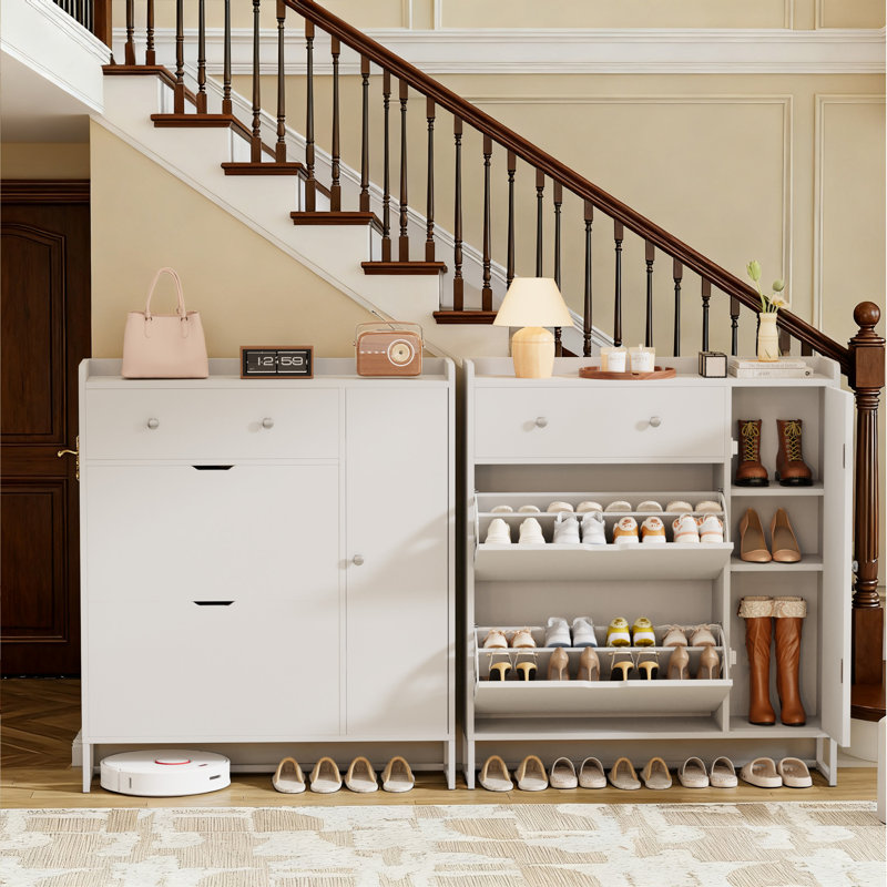 20 Pair Shoe Storage Cabinet With 2 Flip Drawers & 5-Position Adjustable Shelves, White