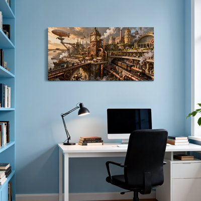 Paysage urbain fantaisiste et sci-fi Steampunk avec tour de l'horloge et dirigeable