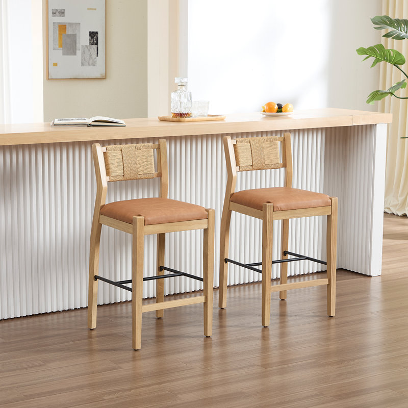 Farmhouse Solid Wood Barstool With Braided Rope Backrest, Upholstered Low Barstool For Bar And Kitchen Island Set Of 2, Brown