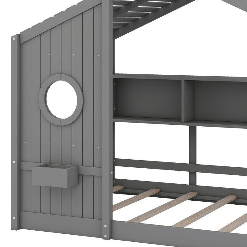 Lit sur pied avec tablette de rangement, lit maisonnette avec toit, gris, Simple