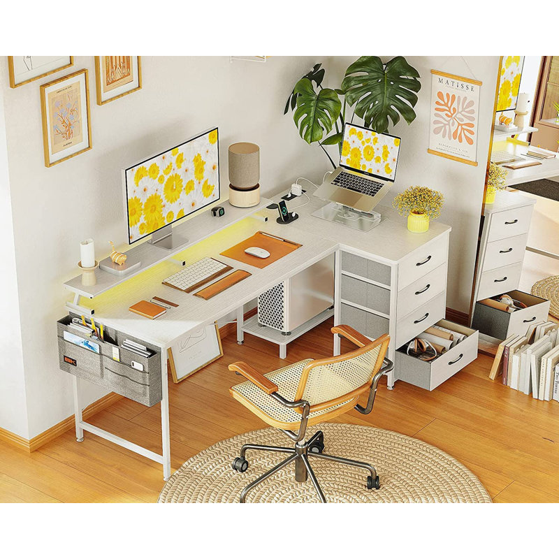 Yatendra L-Shaped Metal Base Writing Desk with Power Outlet, White