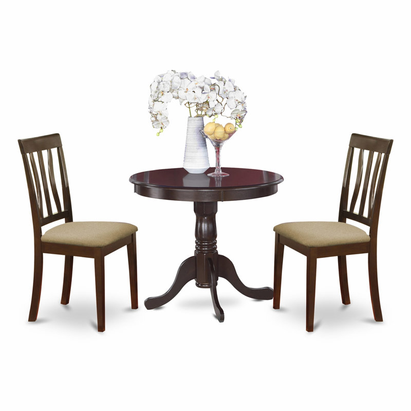 3 Piece Dining Room Table Set Contains a Round Kitchen Table with Pedestal and 2 Linen Fabric Dining Chairs, Cappuccino