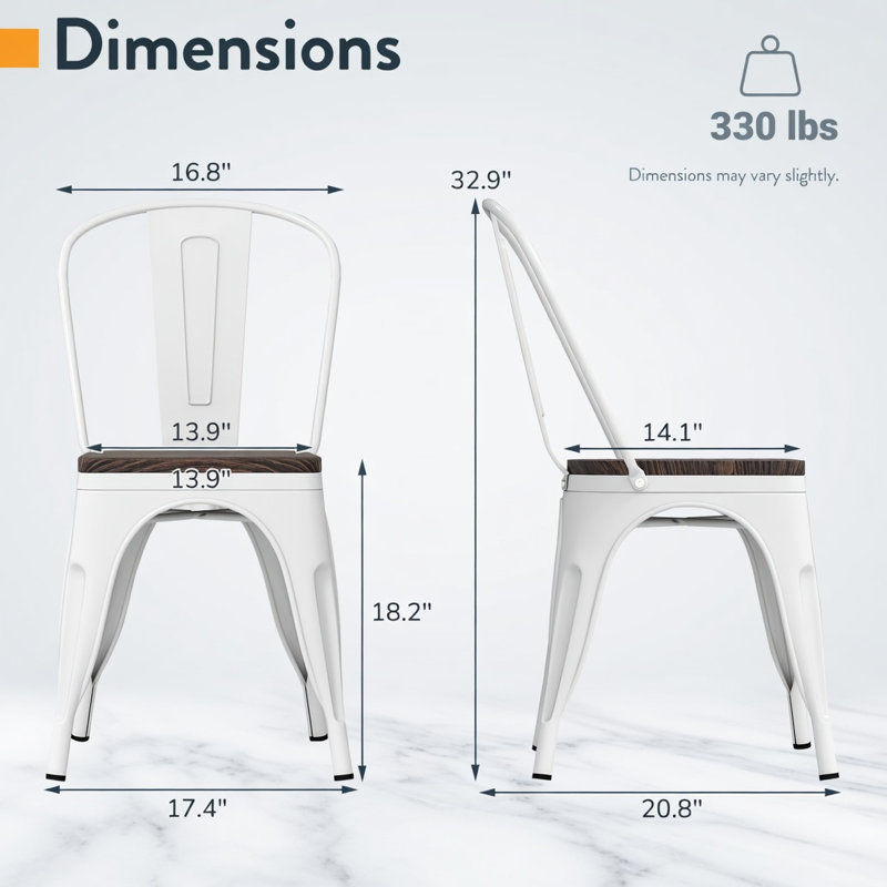  Ensemble de 4 chaises de salle à manger empilables en métal avec dossier haut amovible et siège en bois d'orme massif, chaises de cuisine et de café modernes pour la maison, le restaurant et le bureau, blanc