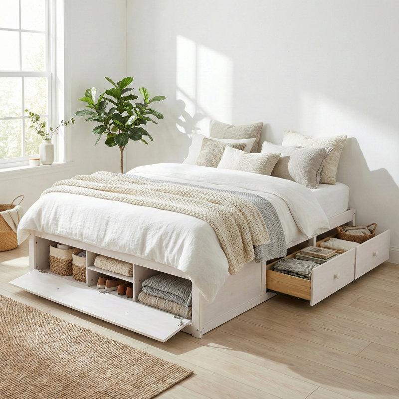 Queen Size Platform Bed with 4 Drawers & Hydraulic Lift Footboard Storage, No Headboard, Modern Space-Saving, White, White