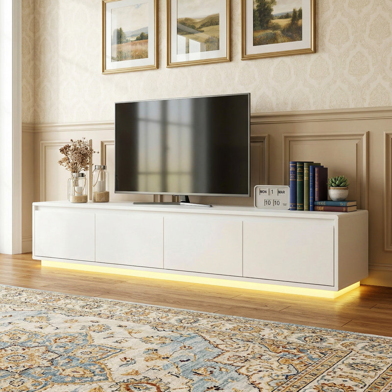 Meuble télé 4 tiroirs avec lumières réglables, Blanc