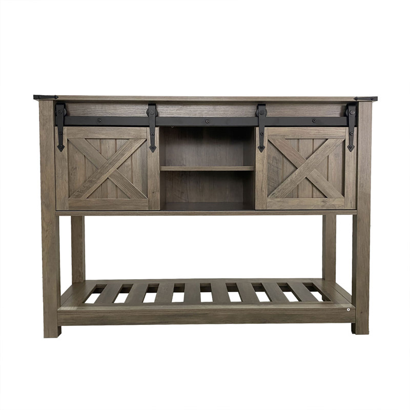 Console Zev Farmhouse avec porte de grange coulissante et tablette réglable, Gris