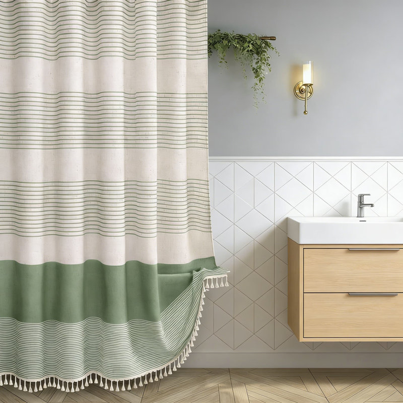 Rideau de douche en lin avec pompons, décor de salle de bain à rayures côtières, œillets résistants à la rouille
