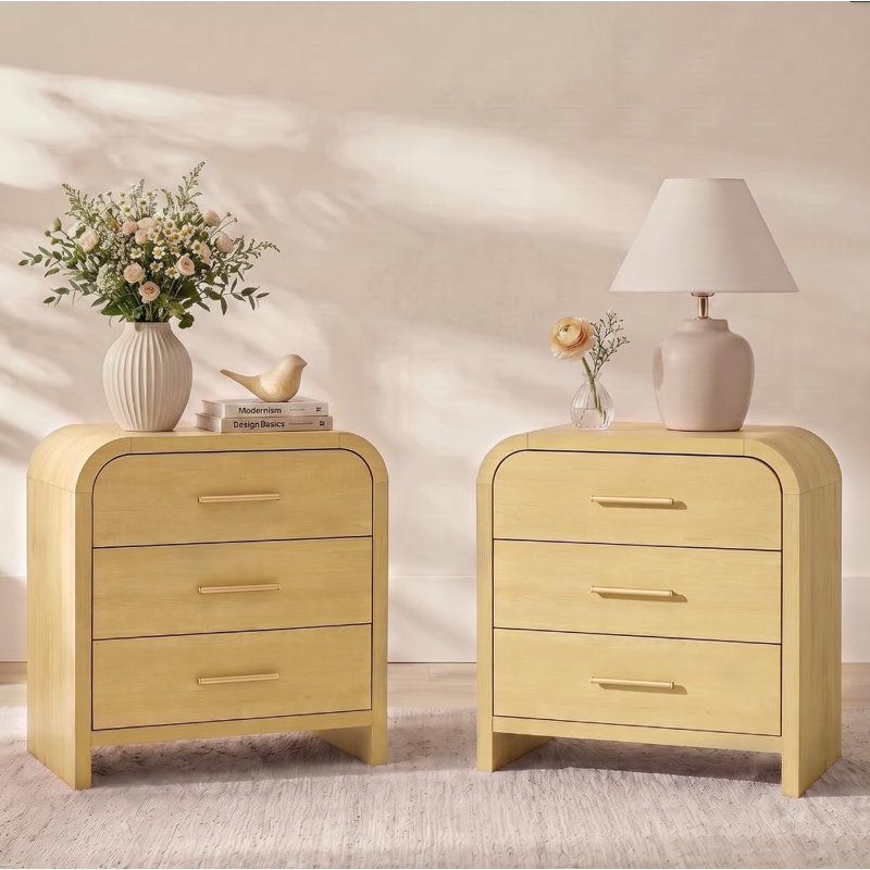 Table de chevet incurvée à 3 tiroirs, 59,4 cm de largeur, panneaux épais, coins arrondis, 2-Piece Set