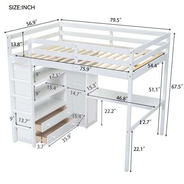 Ebern Designs Wood Loft Bed with Built-in Wardrobe Desk and Storage ...