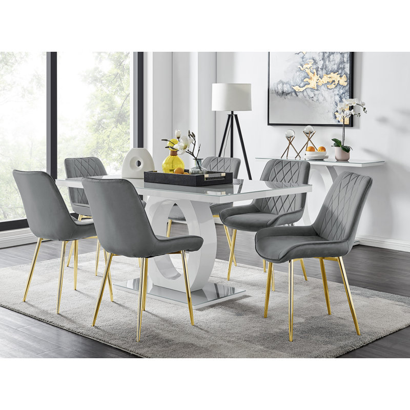 Scottsmoor Modern High Gloss Halo 6 Seater Dining Table Set with Luxury Velvet Dining Chairs, Gray/Gold