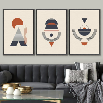 " Retro Nordic Style Line Art Polygons Abstract Shape Illustration Modern Art Chic Relax Calm " 3 - Pieces on Canvas