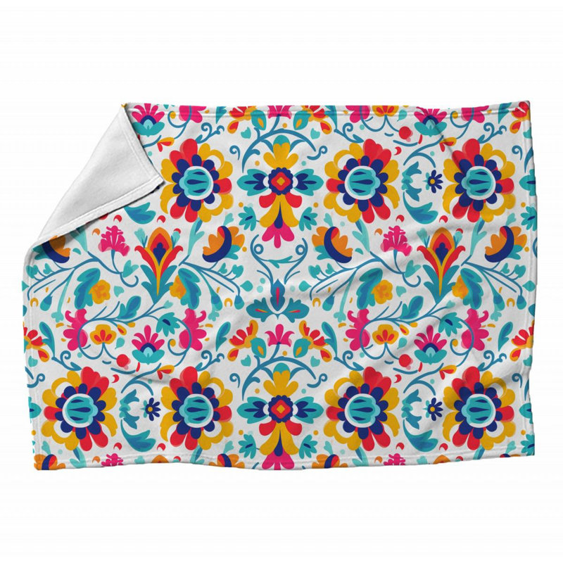 Machine Printed Throw Blanket, Twin, Floral, Teal/Pink/Yellow
